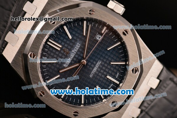 Audemars Piguet Royal Oak Swiss ETA 2824 Automatic Steel Case with Black Leather Strap Stick Markers and Blue Dial ZF Best Edition - Click Image to Close